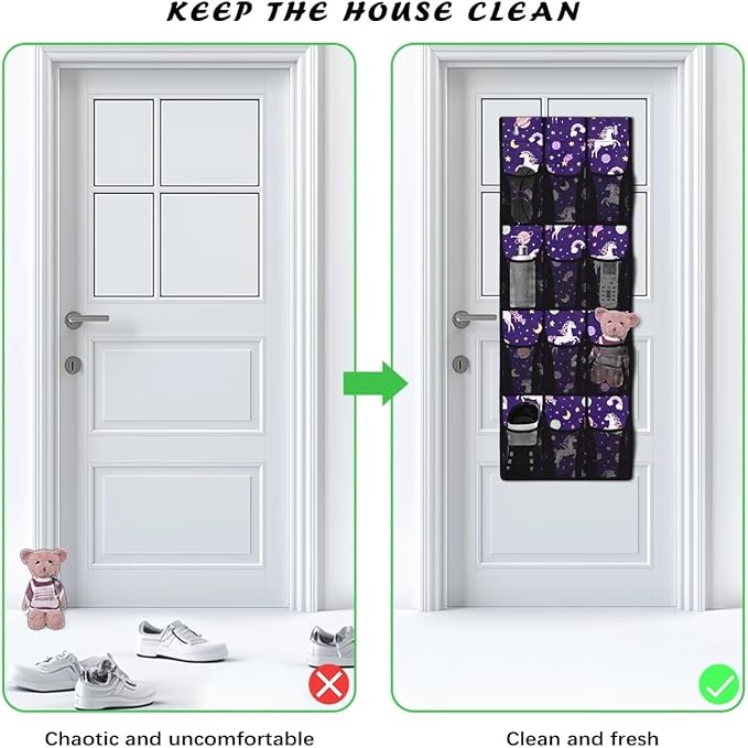 Lucky Horse Behind Door Organizer 12 Pockets Over The Door Shoe Organizer for Closet Rainbows Wall Hanging Storage Cookies Multi-Funtion Storage Bag