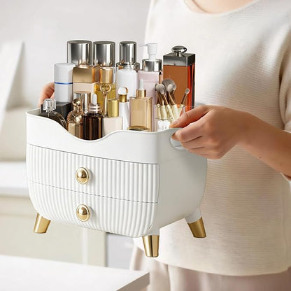 Makeup Organizer Countertop, Large Capacity Skincare Cosmetic Organizer for Vanity with 2 Drawers, Cosmetic Display Cases Makeup Storage Box for Bedroom, Bathroom, Ideal Gifts for Women(White)
