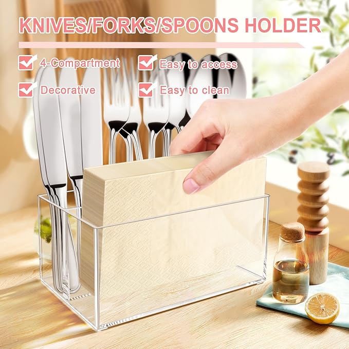 Vowcarol Small Clear Plastic Silverware Caddy Cutlery Holder 7.1 x 4.6 x 3.1 inches 4 Compartments Tableware Storage Box for Napkin, Knife Spoon and Fork Holder