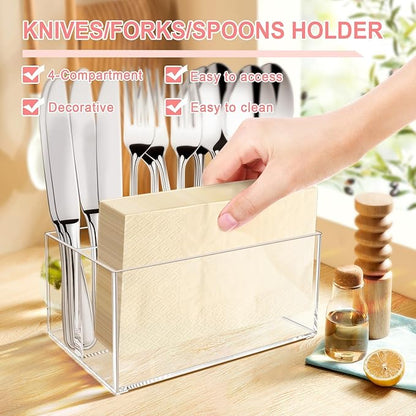 Vowcarol Small Clear Plastic Silverware Caddy Cutlery Holder 7.1 x 4.6 x 3.1 inches 4 Compartments Tableware Storage Box for Napkin, Knife Spoon and Fork Holder