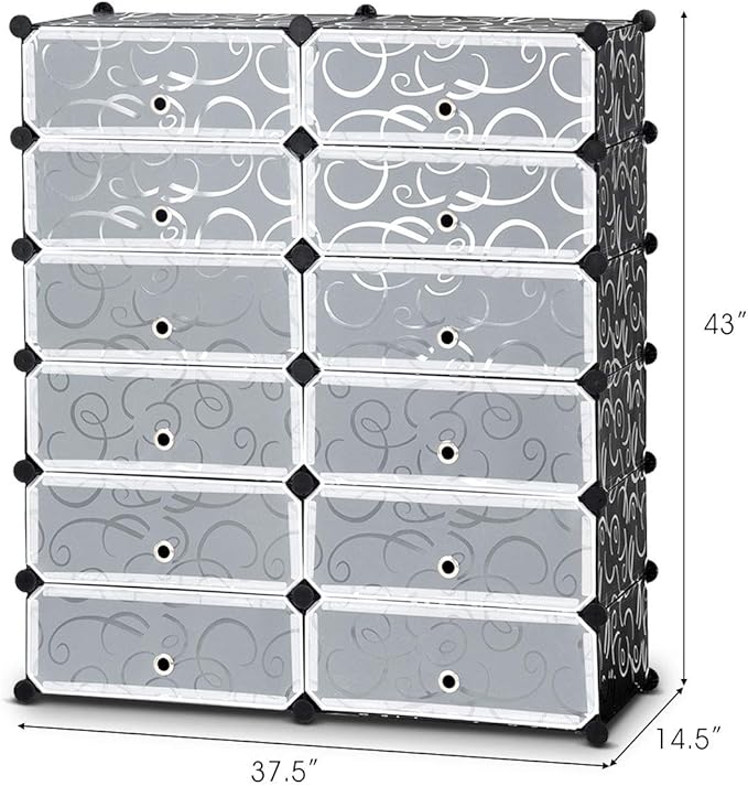 HAPPYGRILL Shoe Rack Organizer, 12-Cube Modular Plastic Shoes Storage Cabinet with 6-Tier Shoe Shelves & Transparent Doors, DIY Design, Freestanding Shoe Cabinet for 24 Pairs Shoes (Black)