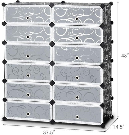 HAPPYGRILL Shoe Rack Organizer, 12-Cube Modular Plastic Shoes Storage Cabinet with 6-Tier Shoe Shelves & Transparent Doors, DIY Design, Freestanding Shoe Cabinet for 24 Pairs Shoes (Black)