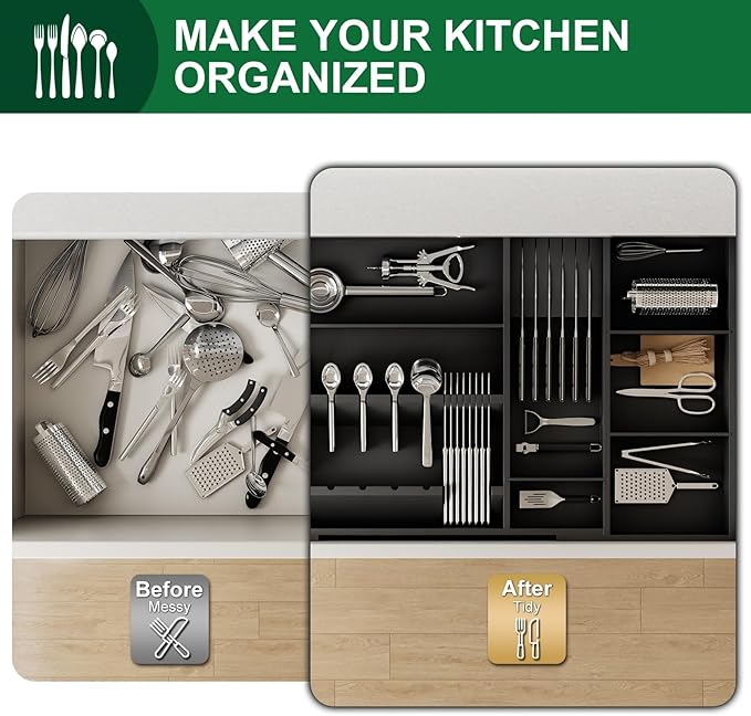 Bamboo Silverware Drawer Organizer, 17.72-29.53 Inch Expandable Large Kitchen Drawer Organizer, 5-8 Slot Flatware with Removable Card Slots & Knife Block for Spoon Butter Knive, Black
