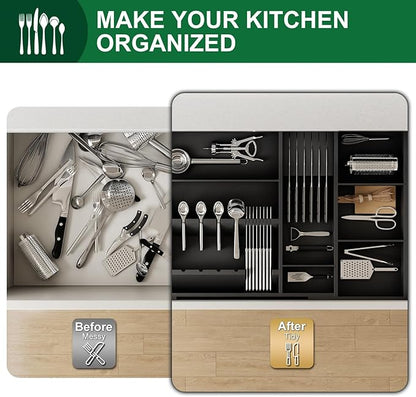 Bamboo Silverware Drawer Organizer, 17.72-29.53 Inch Expandable Large Kitchen Drawer Organizer, 5-8 Slot Flatware with Removable Card Slots & Knife Block for Spoon Butter Knive, Black