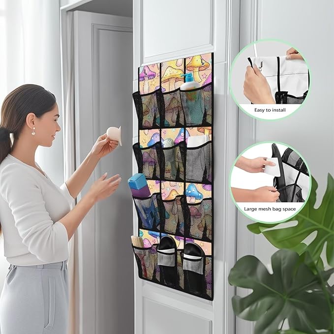 Mushroom Over The Door Organizer Decor Nursery Storage with 12 Large Pockets,Nursery Organizers and Storage,Stable Spice Rack for Kitchen,Behind Door Bag for Bathroom,Bedroom