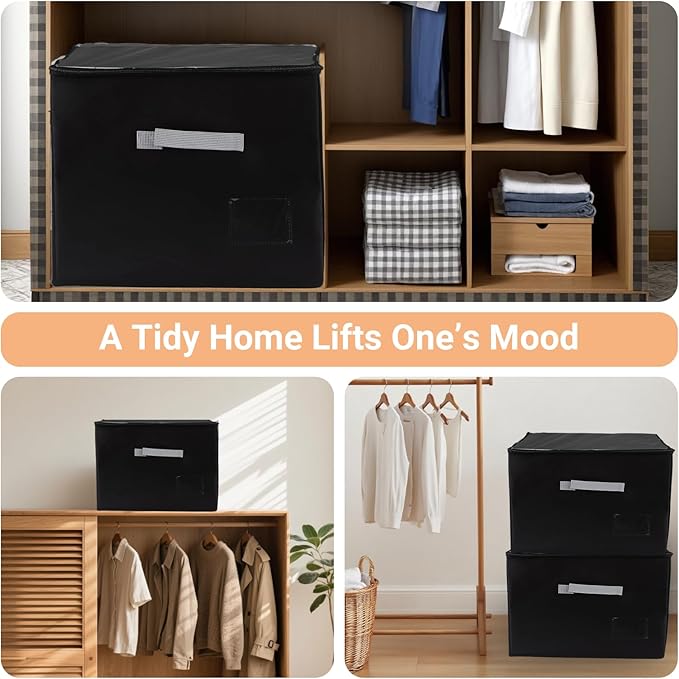 2 Pack Shoe Organizer for Closet，Foldable Shoe Storage Organizer with Clear Cover and Sturdy Handles,Fits 12-16 Pairs (black)