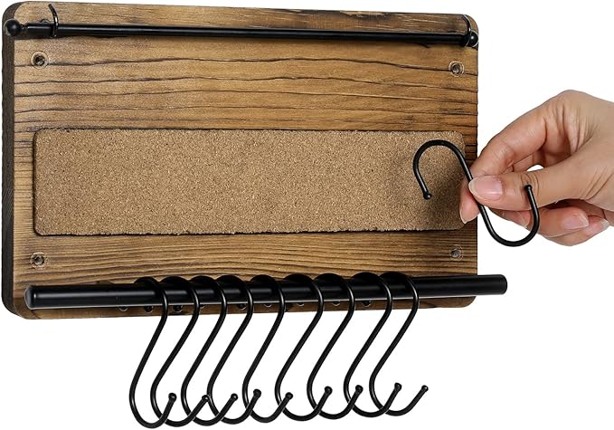 MyGift Wall Mounted Jewelry Organizer, Burnt Wood and Black Metal Necklace Holder, Bracelet, Earring Display Storage Rack with 10 Hanging S-Hooks