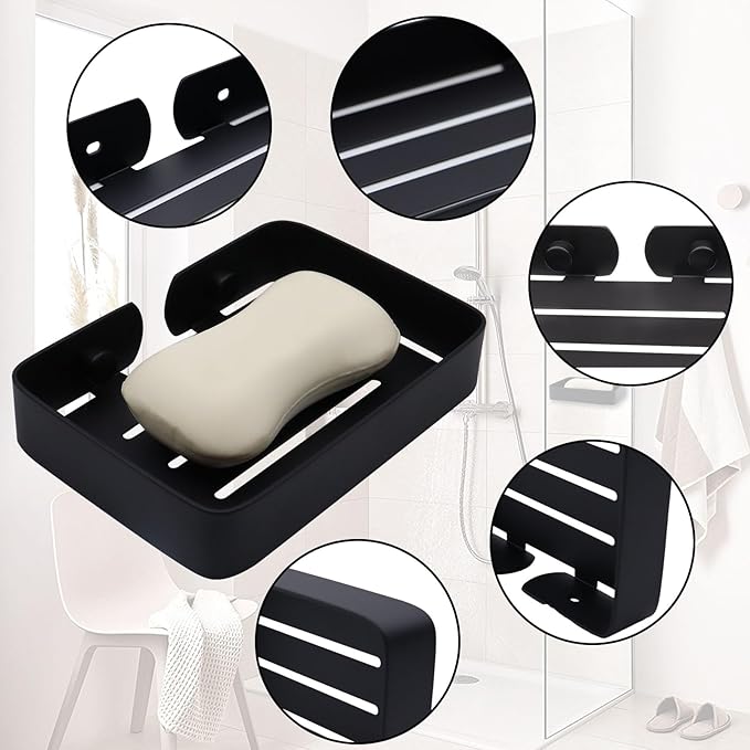 Soap Dish Stainless Steel Black Soap Dish Holder Wall Mounted Shower Soap Holder with Screws, Sturdy Soap Dish for Bar Soap Stylish Soap Dish Holder for Shower Bathroom Kitchen Sink Tub