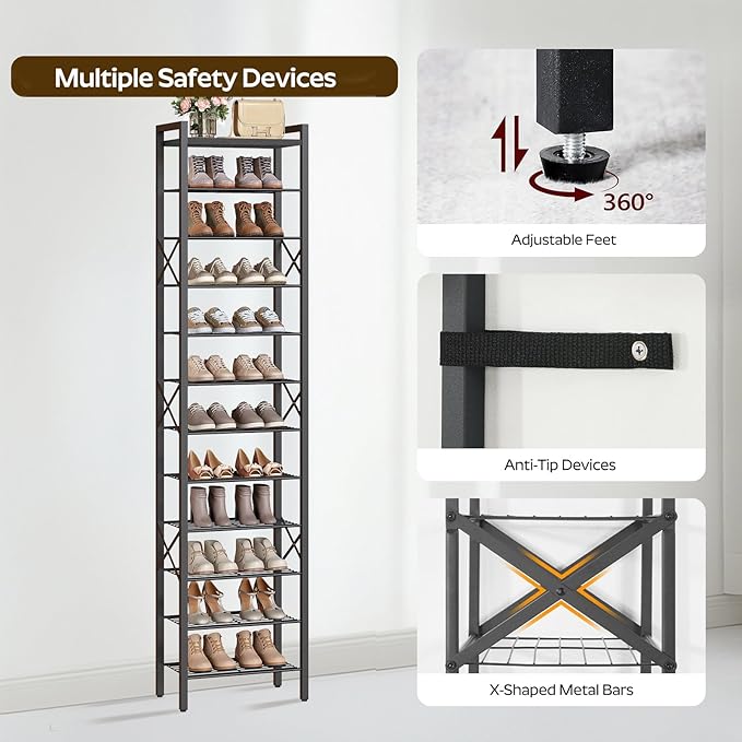 YATINEY 12-Tier Narrow Shoe Rack, Tall Shoe Rack for 12-24 Pairs, Slim Shoe Storage Organizer with Wooden Top, Space Saving, Metal Frame, for Entryway, Black SS61BB