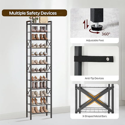 YATINEY 12-Tier Narrow Shoe Rack, Tall Shoe Rack for 12-24 Pairs, Slim Shoe Storage Organizer with Wooden Top, Space Saving, Metal Frame, for Entryway, Black SS61BB