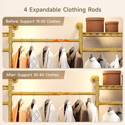 Wall Mounted Garment Rack, Walk-in Closet System with Expandable Rods, Adjustable Shelves, Industrial Pipe Clothing Racks, Hanging Clothes Organizers and Storage, Metal Closet Shelving Wardrobe