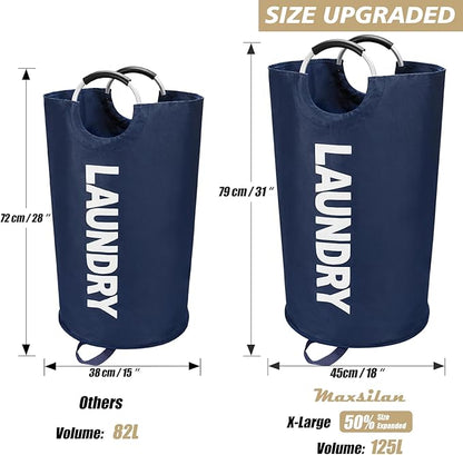 Maxsilan 125L X-Large Laundry Basket, Freestanding Tall Clothes Hamper, Collapsible Laundry Bag, Dark Blue