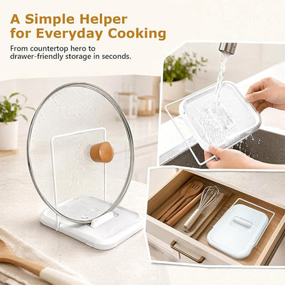 Pot Lid Holder with Spoon Rest for Stove Top and Kitchen Counter, Foldable Pot Lid Organizer with Non-Slip Pads for Lids, Spoons and Spatulas, White