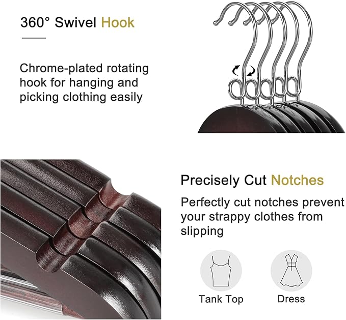 TOPIA HANGER Cherry Wood Hangers 30 Pack, Space Saving Coat Hanger with 360° Swivel Cascading Loop Hook, Non Slip Pants Bar and Shoulder Notches for Camisole, Jacket, Suit (Mahogany) -CT74M30