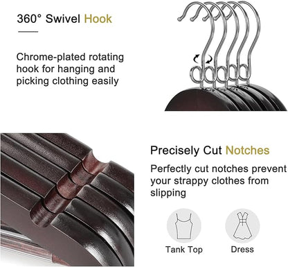 TOPIA HANGER Cherry Wood Hangers 30 Pack, Space Saving Coat Hanger with 360° Swivel Cascading Loop Hook, Non Slip Pants Bar and Shoulder Notches for Camisole, Jacket, Suit (Mahogany) -CT74M30
