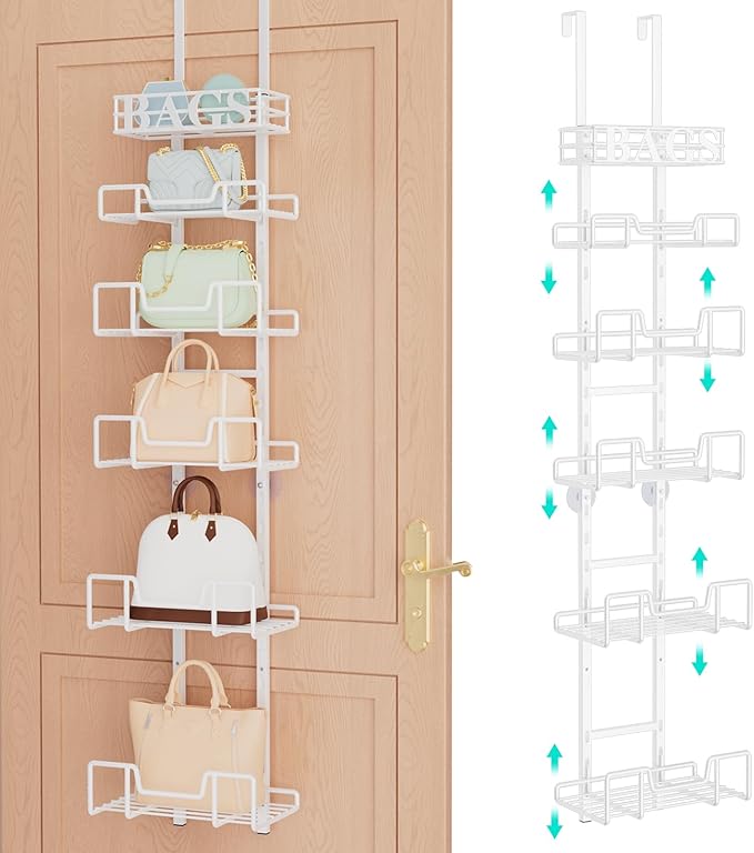 HapiRm Over Door Purse Organizer - Adjustable Purse Storage Rack with Bags Design Metal Basket, Wall Mounted Handbag Organizer, Hanging Handbag Holder, Can Use As 1/2 Part Detachable, White
