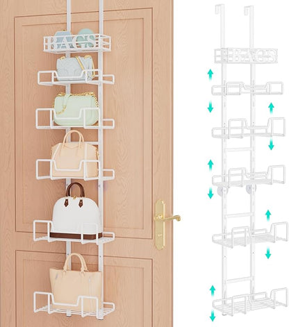 HapiRm Over Door Purse Organizer - Adjustable Purse Storage Rack with Bags Design Metal Basket, Wall Mounted Handbag Organizer, Hanging Handbag Holder, Can Use As 1/2 Part Detachable, White