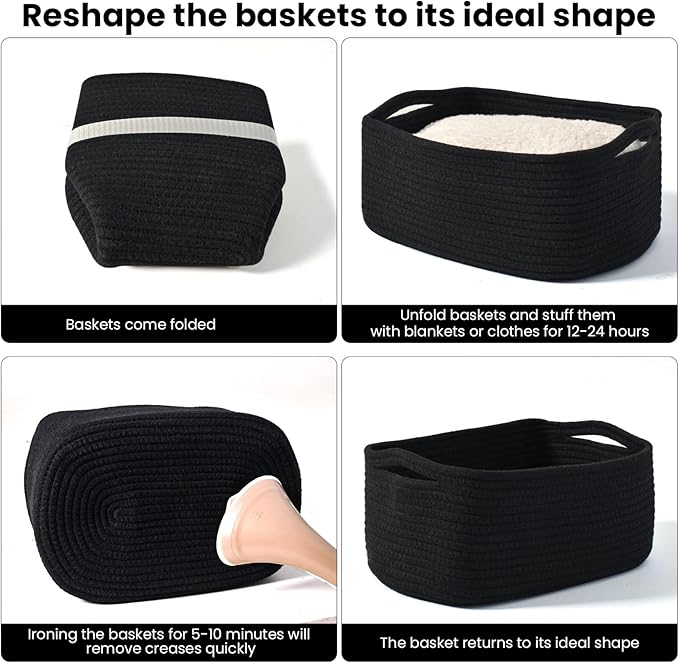ICERZCZ Small Black Baskets for Organizing, Storage Baskets for Shelves, Small Woven Cotton Rope Basket for Storage, Basket for Gifts Empty, 13"×8.5"×5.1" (3 Packs) Black