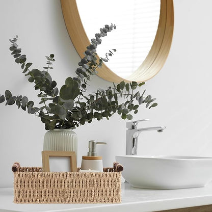 Boao 3 Pcs Boho Storage Wicker Baskets Handmade Woven Decorative Paper Rope Baskets for Organizing with Handle Countertop Toilet Paper Storage Container for Toilet Tank Top(Camel,Rectangle)
