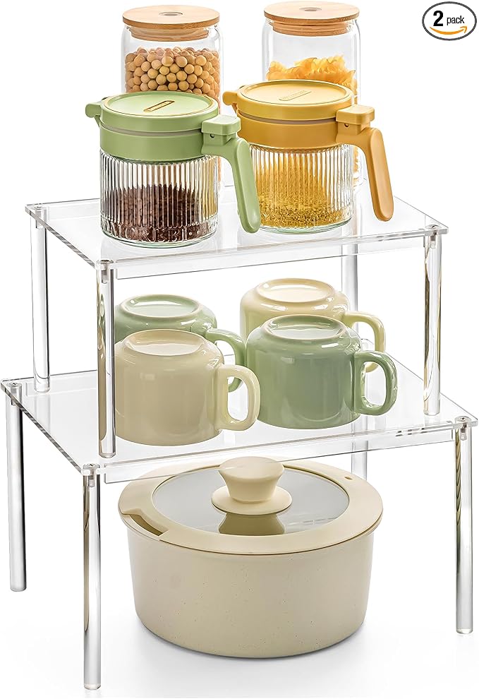 Bobomoment Acrylic Cabinet Organizer, Set of 2 Shelf Organizer, Spice Rack Organizer for Cabinet, Desk Countertop Organizer, Stackable Shelves for Pantry Kitchen Storage and Organization