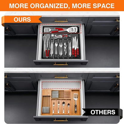 Large Silverware Organizer, Expandable BPA Free Kitchen Silverware Drawer Organizer, 9 Slots Cutlery Utensil Tray with Dividers, Adjustable Flatware Storage Holder for Spoons Forks Knives