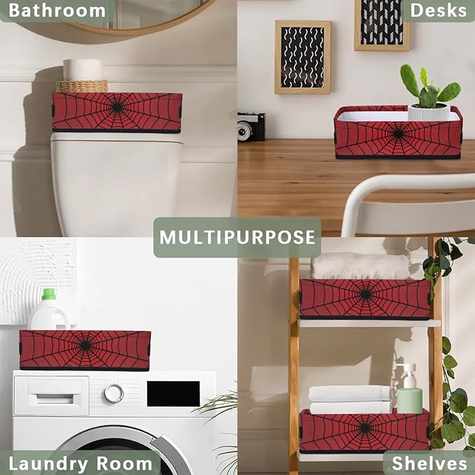 Spiders Web Red Small Bathroom Baskets for Toilet,Foldable Toilet Paper Tank Basket Organizer for Towels Storage Decorative Open Storage Bins for Home,Closet,Containers,Cabinet