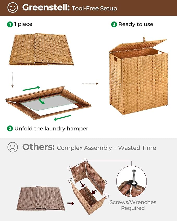 Greenstell Laundry Hamper with lid, No Install Needed, 110L Wicker Laundry Baskets Foldable 2 Removable Liner Bags, 2 Section Clothes Hamper Handwoven Rattan Laundry Basket with Handles, Natural