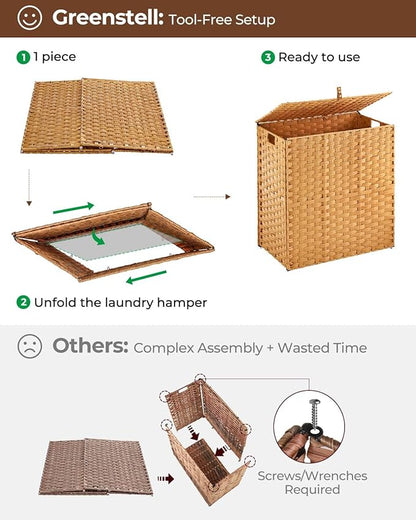 Greenstell Laundry Hamper with lid, No Install Needed, 110L Wicker Laundry Baskets Foldable 2 Removable Liner Bags, 2 Section Clothes Hamper Handwoven Rattan Laundry Basket with Handles, Natural
