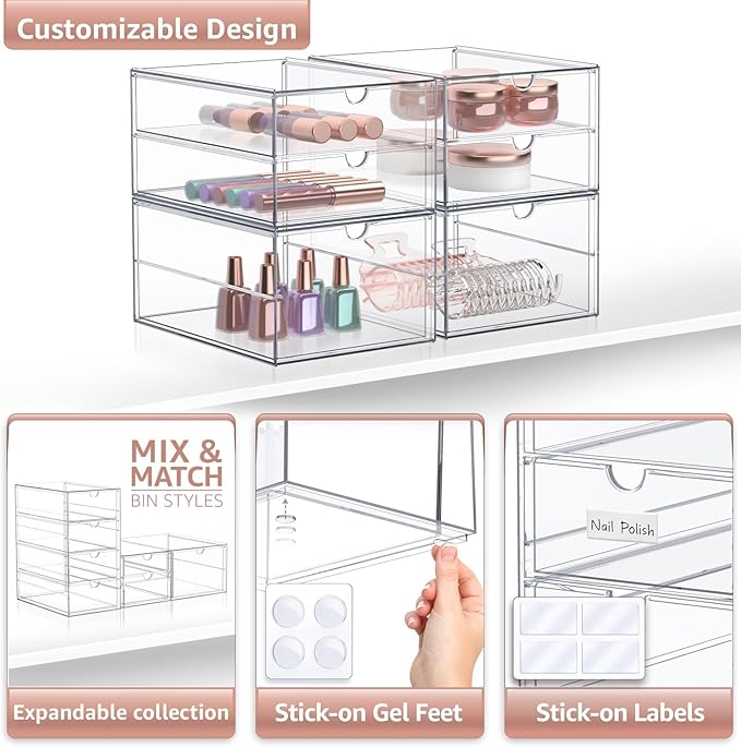 Sorbus Makeup Organizer With 6 Drawers, Acrylic Drawer Organizer for Makeup, Office Organization and Storage, Art Supplies, Jewelry, Stationary - 4 Pcs Clear Stackable Storage Bins Organizer Drawers