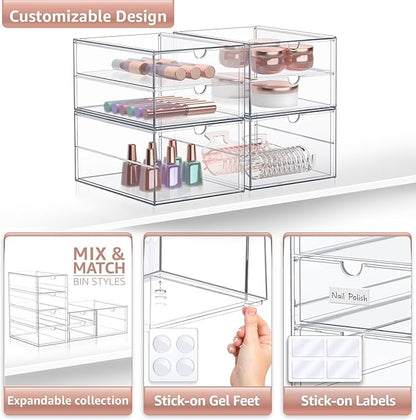 Sorbus Makeup Organizer With 6 Drawers, Acrylic Drawer Organizer for Makeup, Office Organization and Storage, Art Supplies, Jewelry, Stationary - 4 Pcs Clear Stackable Storage Bins Organizer Drawers