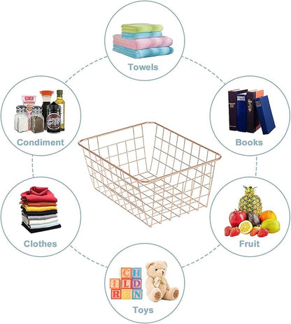 JUNCHU CHERRY Wire Kitchen Storage Basket 5 Packs,Perfect Pantry Organization Accessories Baskets,Laundry Basket,Countertop Organization,Suitable for Kitchen,Bathroom,Bedroom,Tabletop,Rose gold