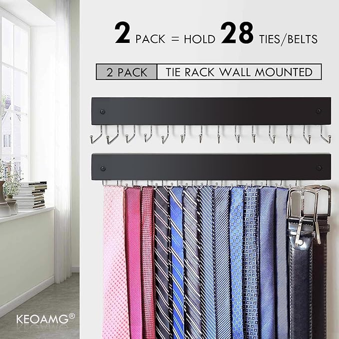 2-Pack Tie Rack Wall Mounted, Wooden Belt Hanger Tie Organizer for Closet with 28 Folding Hooks, Space Saving Tie Holder and Belt Rack for Closet Wall Mount, Black
