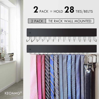 2-Pack Tie Rack Wall Mounted, Wooden Belt Hanger Tie Organizer for Closet with 28 Folding Hooks, Space Saving Tie Holder and Belt Rack for Closet Wall Mount, Black