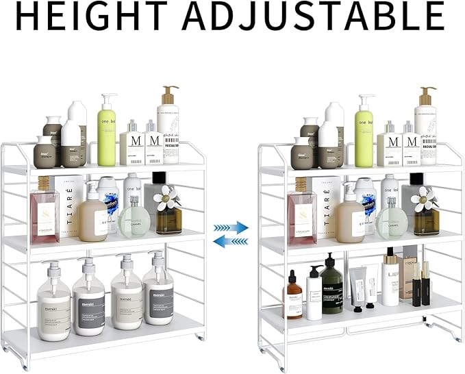 BOIVSHI Bathroom Countertop Organizer, 3-Tier Bathroom Counter Organizer, 8-Levels Height Adjustable, Bathroom Organizer for Kitchen, Livingroom, Office Storage, Metal White