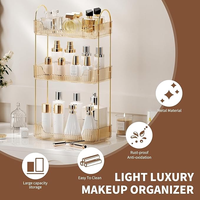 Amber 3-Tier Countertop Vanity Organizer - Skincare & Makeup Shelf for Bathroom Cosmetics, Toiletries, Lotions, Perfumes