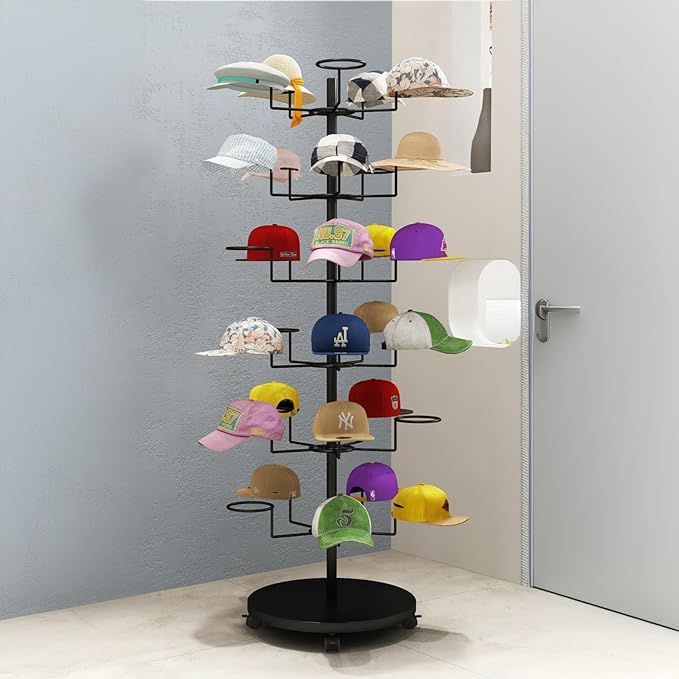 6 Tier Hat Rack with 30 Hooks, Freestanding Hat Rack Stand, Metal Hat Organizer Rack, Rolling Retail Hat Display Rack for Home/Store(Black,6 Tier)