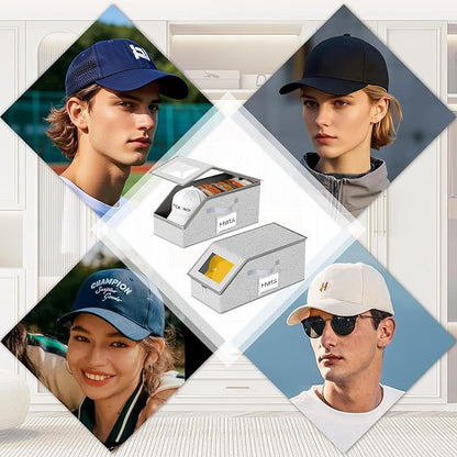 Hat Organizer for Baseball Caps 2PCS Stackable Storage with Clear Window Lid, Flip-Top Access, Space-Saving Hat Box for Closet, Breathable Fabric (Grey)