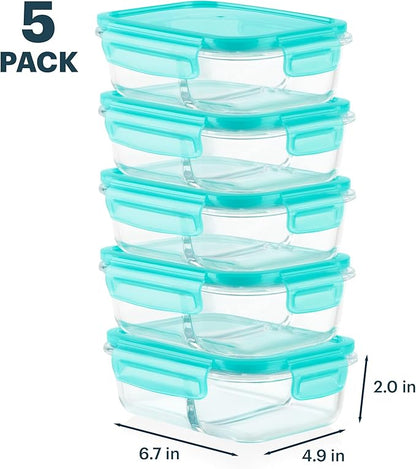 Pyrex Glass MealBox (5-Pack, 2.3 Cup) Divided Compartments with Locking Lids, For Meal Prepping and Portioning, BPA Free Microwave Dishwasher Safe