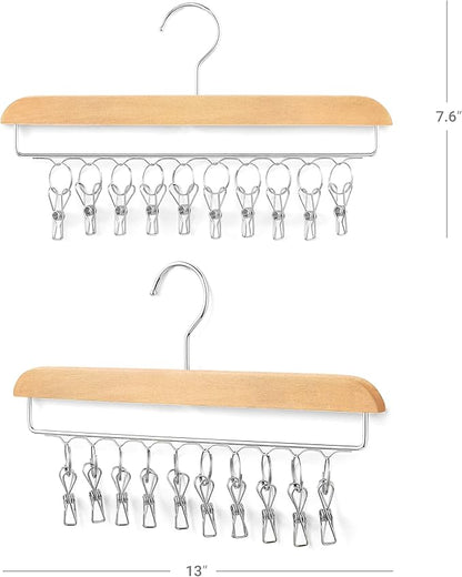 Mkono Hat Hangers for Closet Set of 2 Wooden Hat Racks Organizer for Baseball Caps with 20 Stainless Steel Clips, Baseball Hat Holder for Closet Storage, Fits All Caps, Wood Color