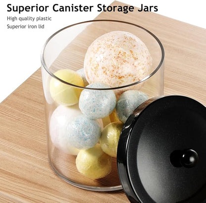 2 Pack 50 Oz Large Plastic Apothecary Jar with Black Stainless Steel Lid - Shatterproof Laundry Pods Container - Modern Industrial Bathroom & Kitchen Storage Organizer for Scent Beads, Bath Bombs