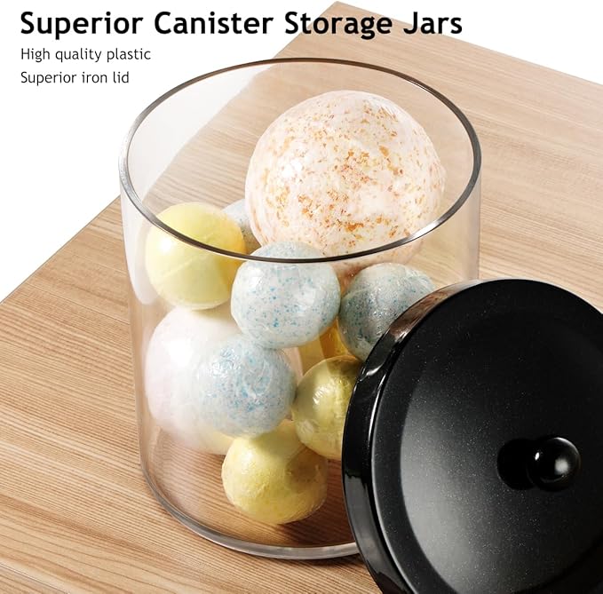 4 Pack 50Oz Large Plastic Apothecary Jar with Black Stainless Steel Lid - Shatterproof Laundry Pods Container - Modern Industrial Bathroom & Kitchen Storage Organizer for Scent Beads, Bath Bombs