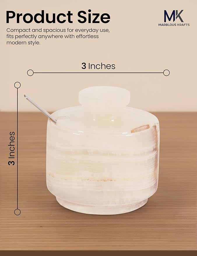 Salt Cellar with Lid and Spoon 3" Inch White Onyx Salt and Pepper Dish, Marble Sugar and Salt Bowls, Ideal for Easter Table Decor and Kitchen Countertop Storage