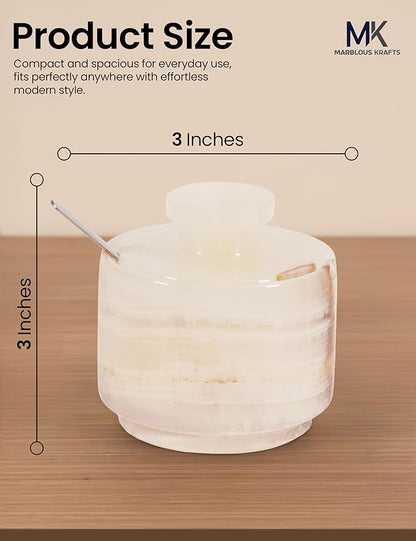 Salt Cellar with Lid and Spoon 3" Inch White Onyx Salt and Pepper Dish, Marble Sugar and Salt Bowls, Ideal for Easter Table Decor and Kitchen Countertop Storage