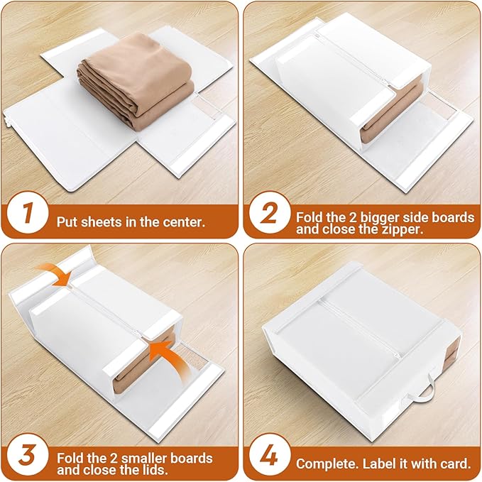 StorageTastic 6 Pack Bed Sheet Closet Organizers and Storage,Sturdy Foldable Storage Containers with Window and Label,Storage and Organization for Bedding Sheets,Duvet Covers,Blankets (White)