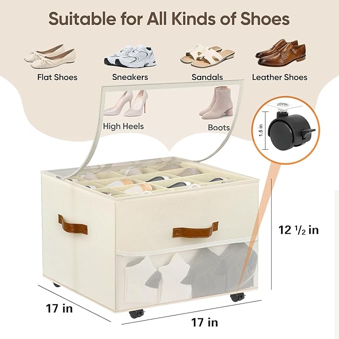 Shoe Storage Organizer for Closet,Shoe Organizer for Closet with Detachable Wheels and Adjustable Dividers,Foldable Large Shoe Box Storage Fits 16 Pairs Extra with Cover and Storage Pocket