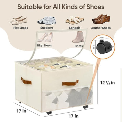 Shoe Storage Organizer for Closet,Shoe Organizer for Closet with Detachable Wheels and Adjustable Dividers,Foldable Large Shoe Box Storage Fits 16 Pairs Extra with Cover and Storage Pocket