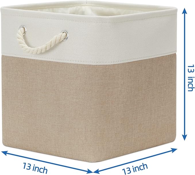 Temary Cube Storage Baskets 4 Pack 13x13 Fabric Cube Storage Bins for Clothes, Large Baskets Boxes with Handles, Canvas Basket for Organizing Towels, Collapsible Storage Bins (White&&Khaki)