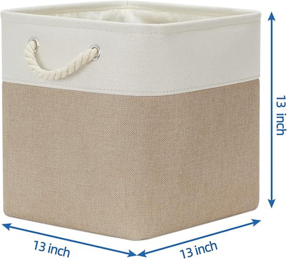 Temary Cube Storage Baskets 4 Pack 13x13 Fabric Cube Storage Bins for Clothes, Large Baskets Boxes with Handles, Canvas Basket for Organizing Towels, Collapsible Storage Bins (White&&Khaki)