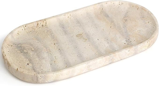 YMXYJM Genuine Real Natural Marble Tray for Bathroom, Luxury Ultra White Travertine Stone Vanity Tray, Decorative Oval Trays for Countertop Storage, Vanity, Dresser, Kitchen, Home Decor, 11.9"*5.8"