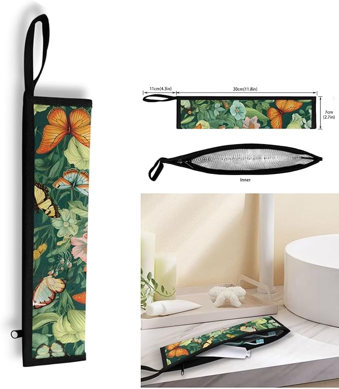 COEQINE Butterfly Utensil Holder Green Portable Fork Spoon Knife Organizer Hawaii Style Work Storage Case With Handles Zipper Chopstick Case Silverware Case With Handles for Travel